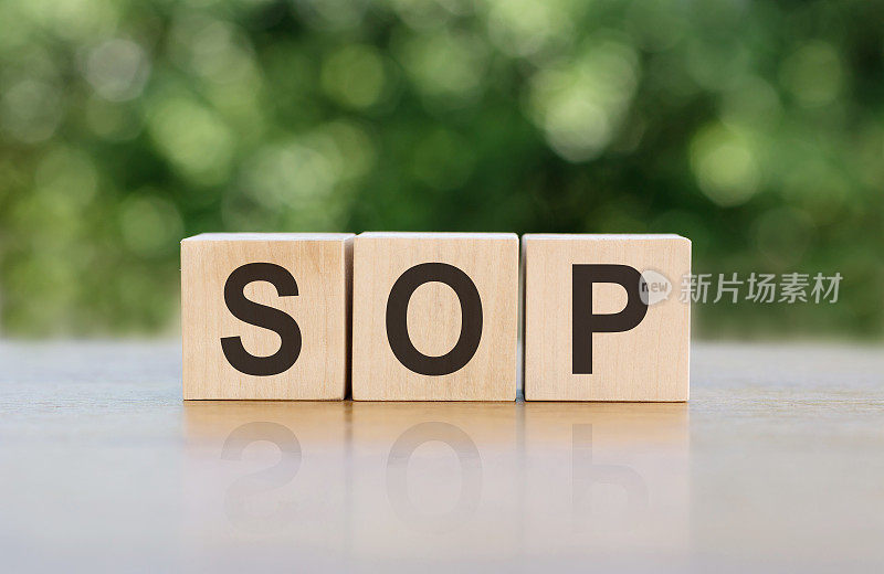 SOP -由木块用字母缩写而成，缩写SOP标准操作程序概念，模糊背景